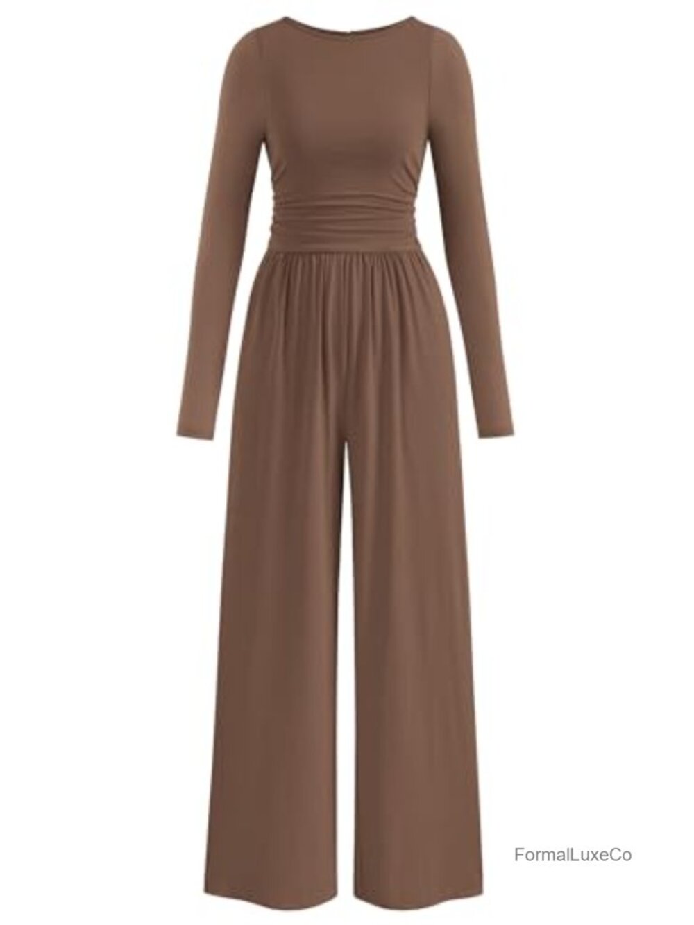 PRETTYGARDEN Long Sleeve Wide Leg Jumpsuit Ruched Waist Pockets Dressy Casual